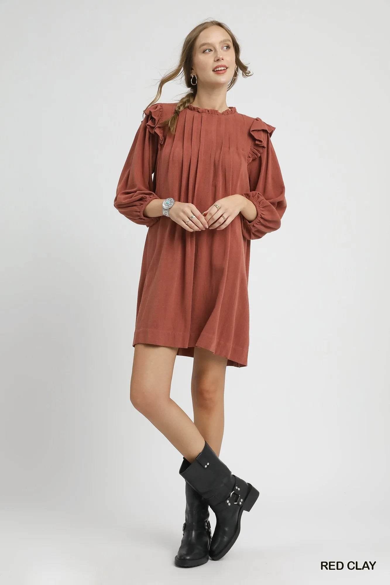 Umgee Linen Ruffle Shoulder Pleated Babydoll Dress - Veloro