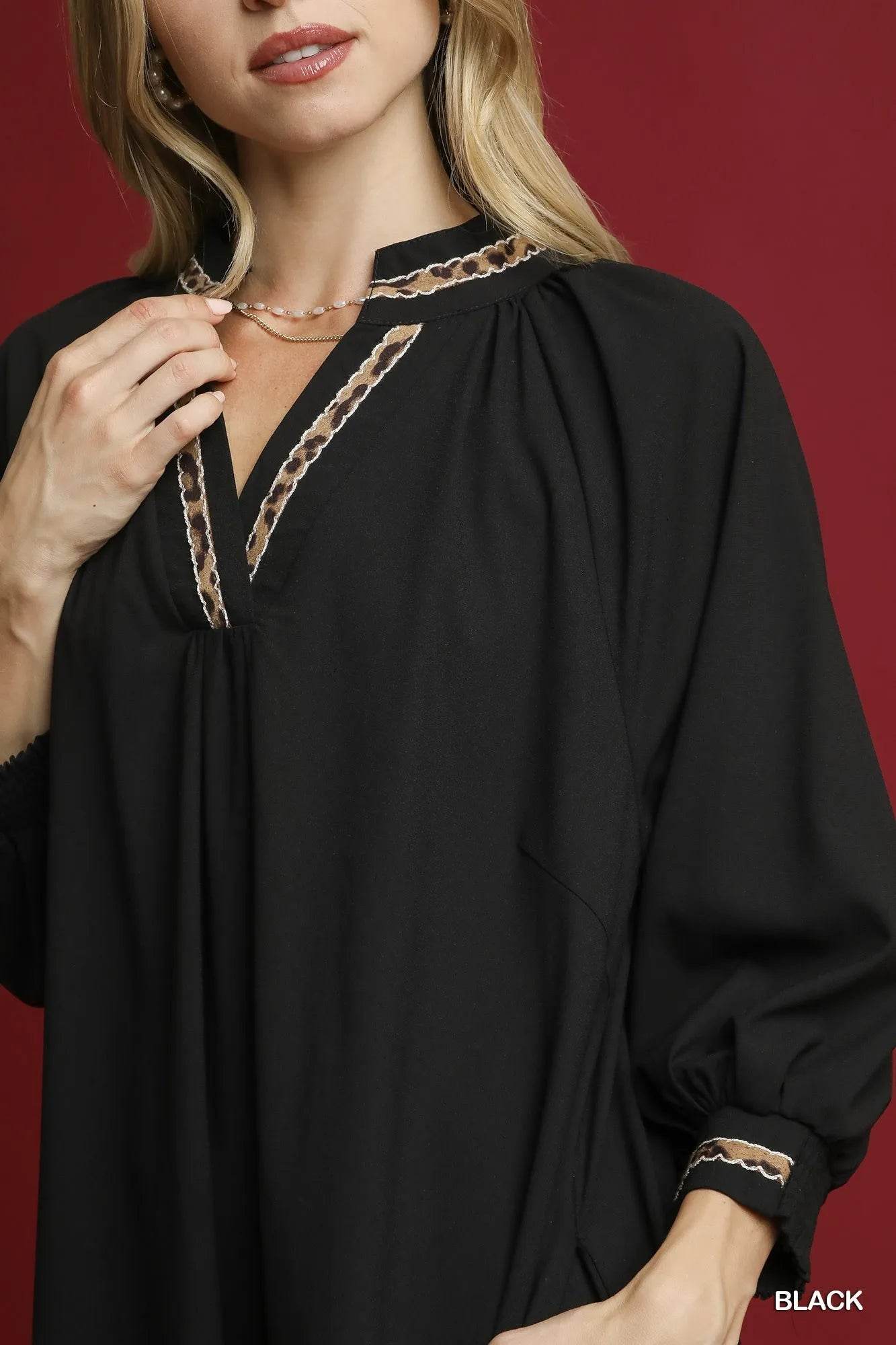 Umgee Notched Shift Dress with Trim Detail - Veloro