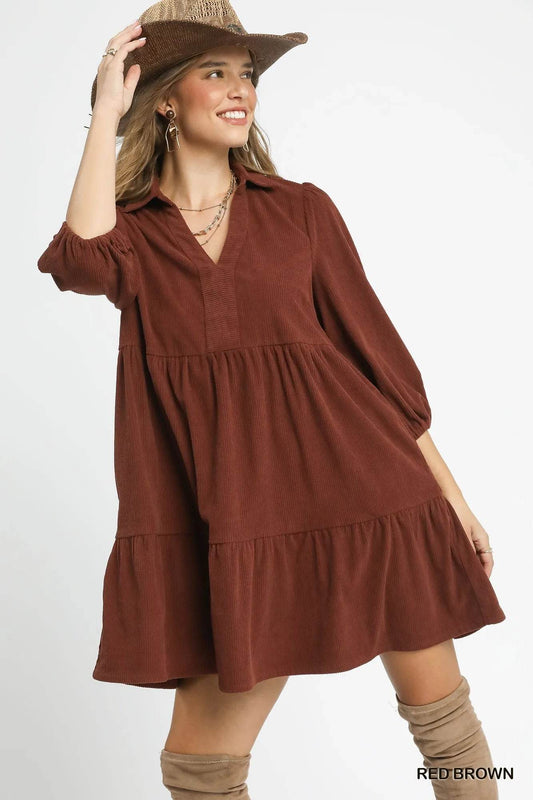 Umgee Tiered Corduroy Mini Dress with Balloon Sleeves - Veloro