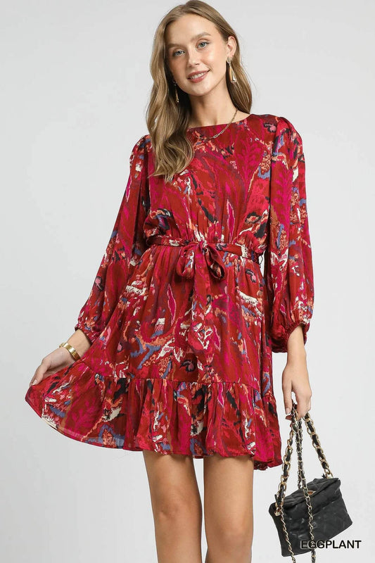 Umgee Ruffled Hem Printed Balloon Sleeve Dress - Veloro