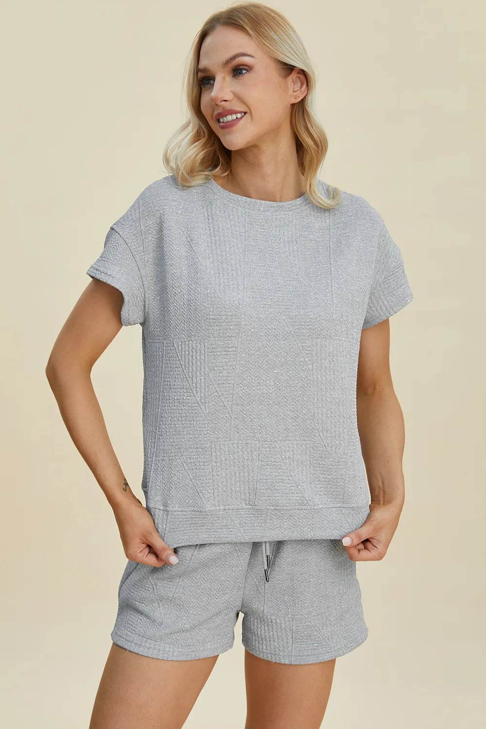 Double Take Full Size Texture Short Sleeve Top and Shorts Set - Veloro