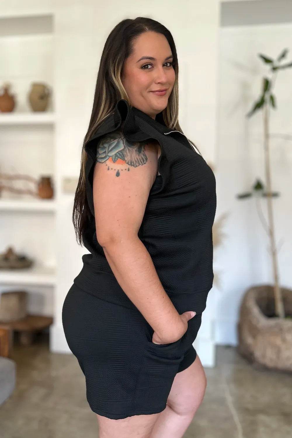 Double Take Full Size Texture Flounce Sleeve Top and Shorts Set - Veloro