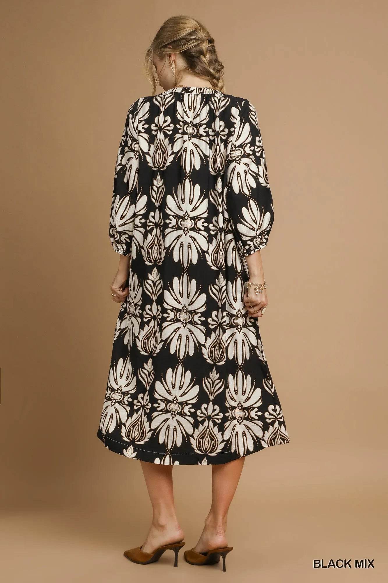 Umgee Mix Abstract Floral Print Midi Dress - Veloro