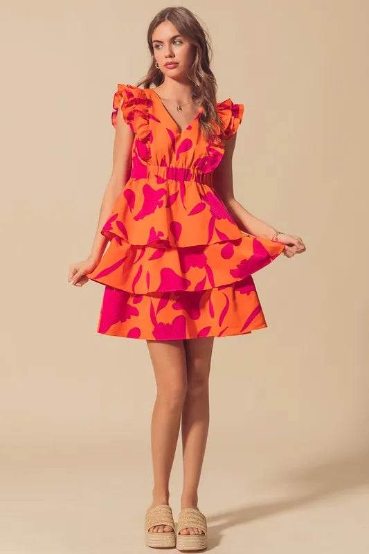 SO ME Floral V Neck Layered Dress with Elasticized Waist - Veloro