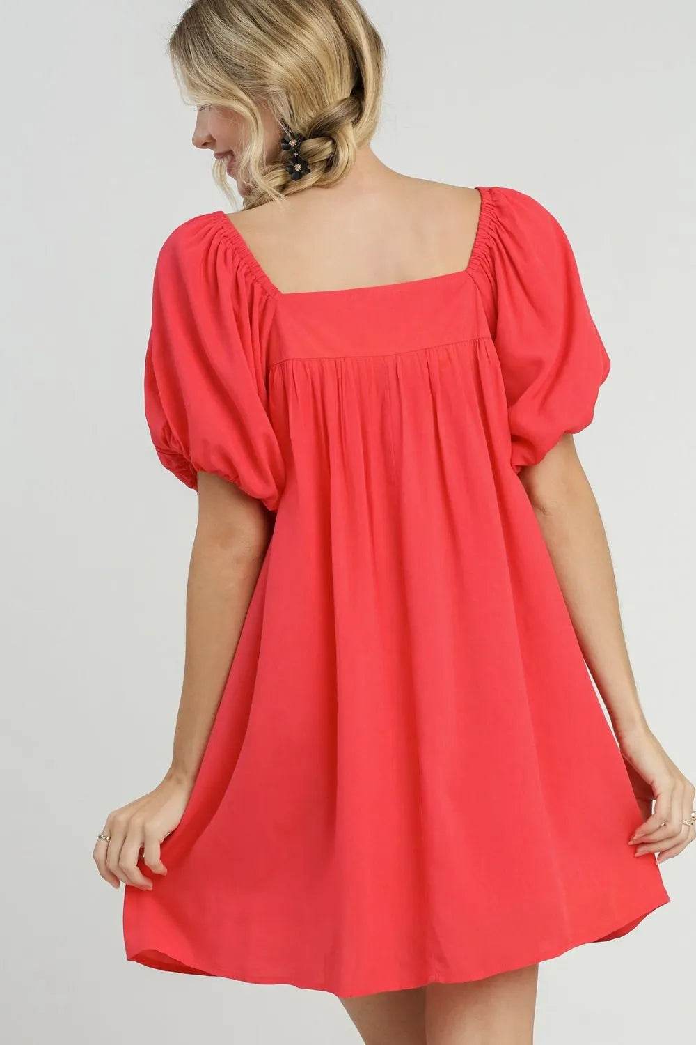 Umgee Full Size Squared Neck Puff Sleeve Mini Dress Plus Size - Veloro