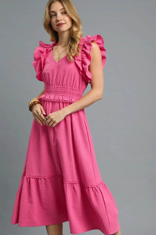 Umgee V-Neck Ruffled Cap Sleeve Midi Dress - Veloro
