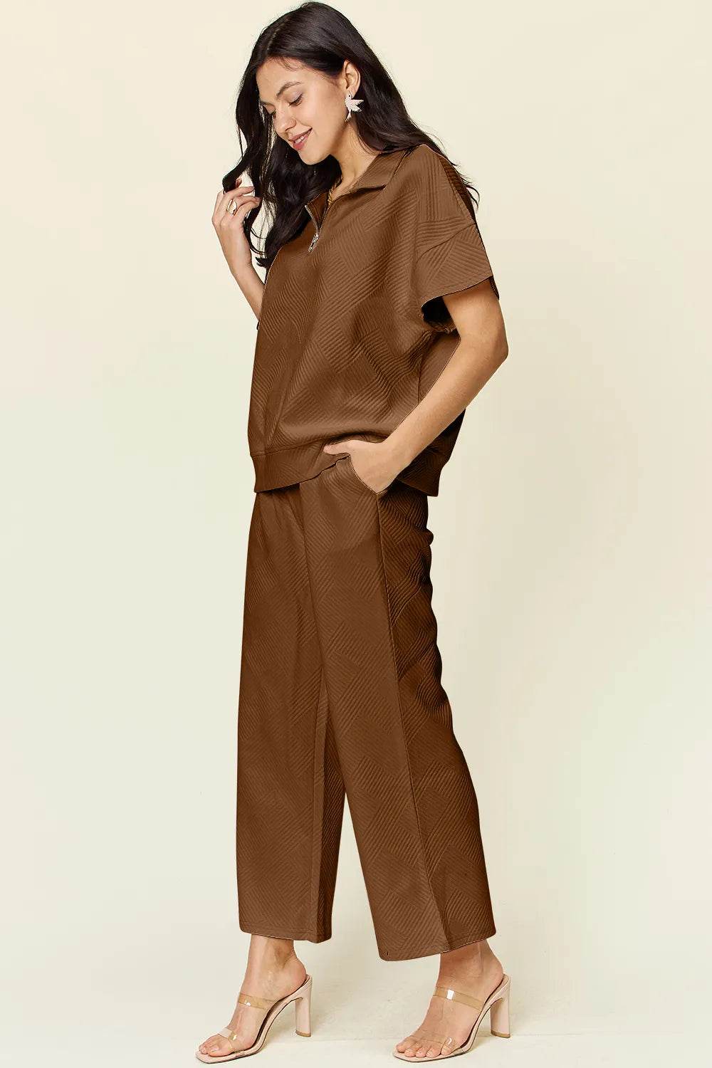 Double Take Full Size Texture Half Zip Short Sleeve Top and Pants Set - Veloro