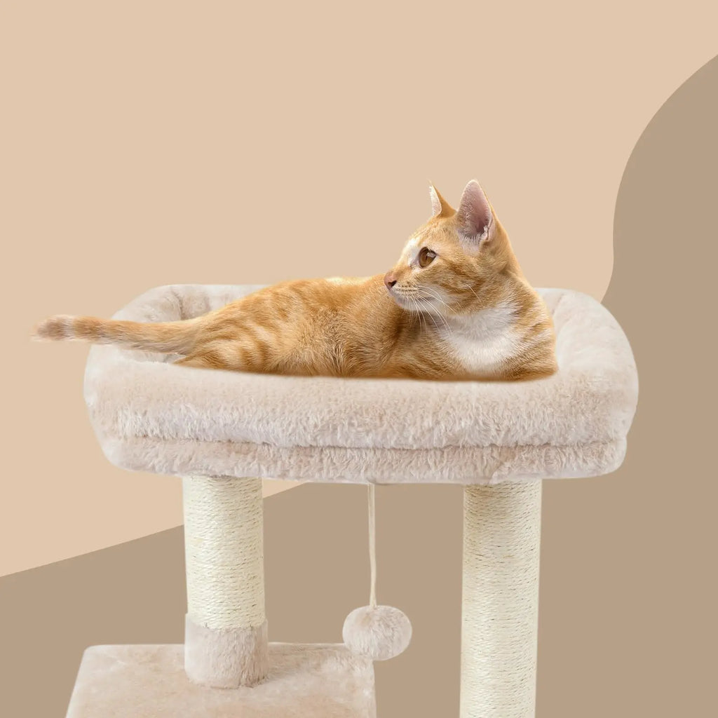 Cute Cat Tree with Scratching Posts, Jump Platform & Play House – Beige