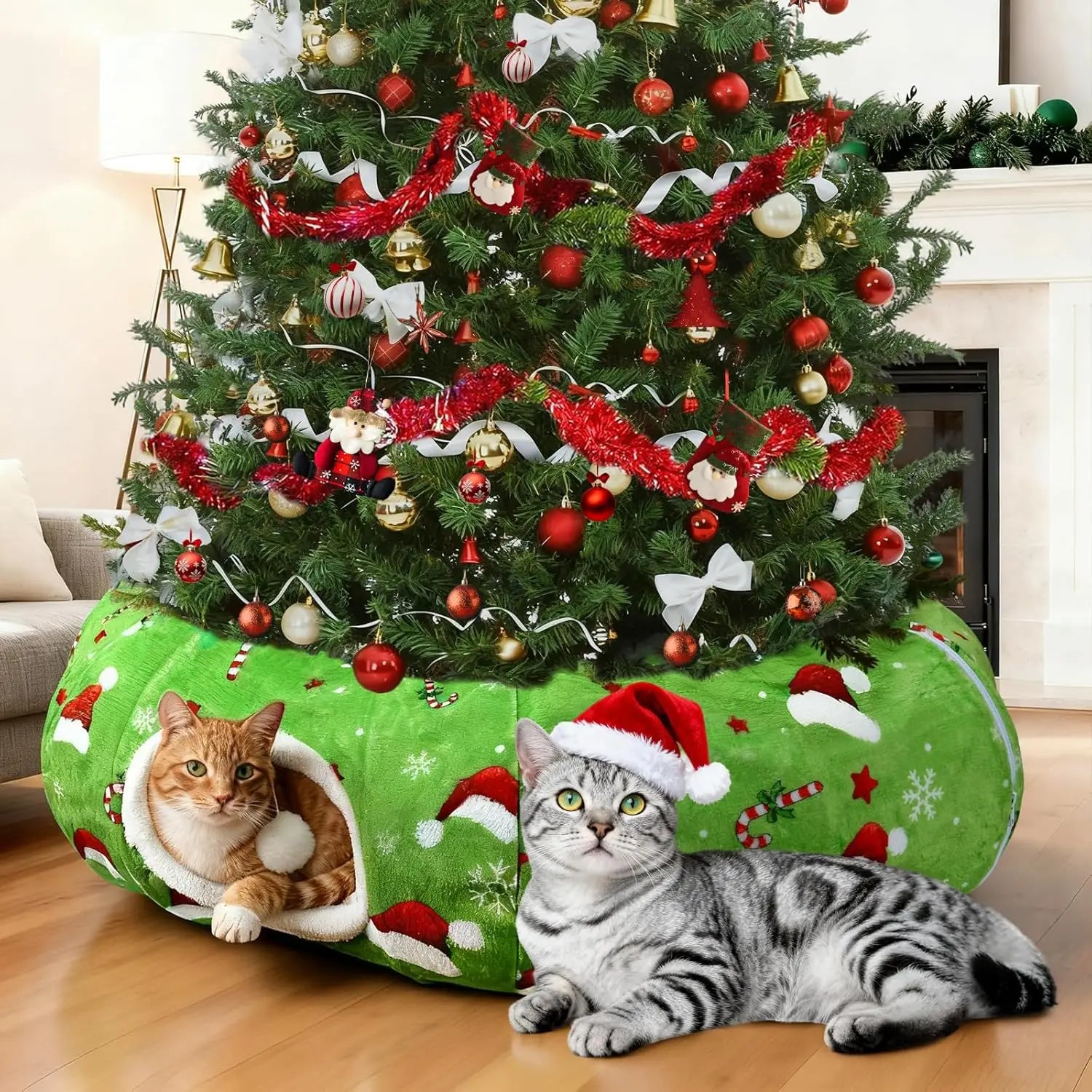 Christmas Cat Tunnel Bed & Tree Skirt – Cozy Holiday Hideaway