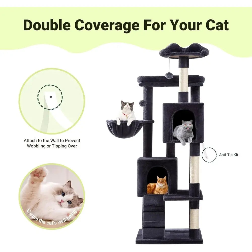 64-Inch Large Cat Tree with Condos, Perches & Scratching Posts – Dark Grey
