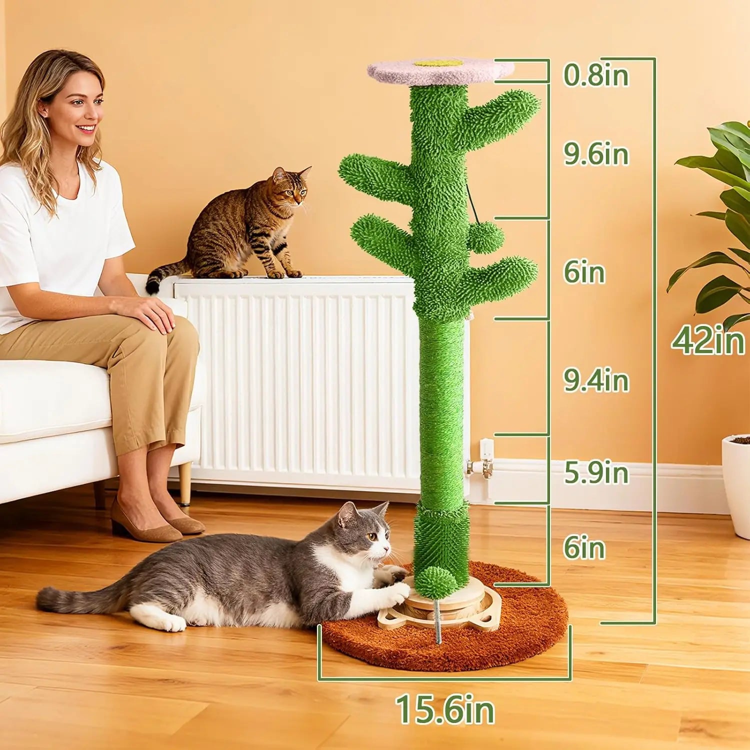 Cactus Cat Scratching Post with Toy & Brush – Indoor Sisal Scratcher