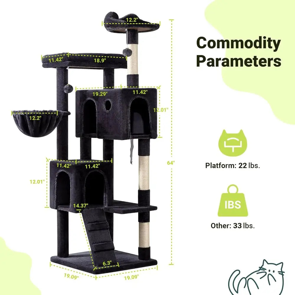 64-Inch Large Cat Tree with Condos, Perches & Scratching Posts – Dark Grey