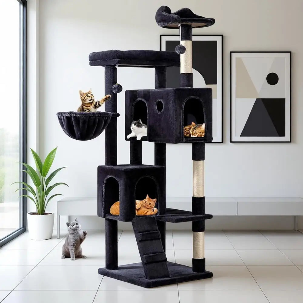 64-Inch Large Cat Tree with Condos, Perches & Scratching Posts – Dark Grey