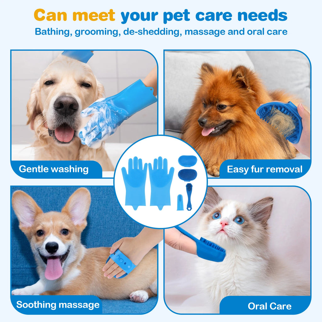6PCS Pet Grooming Kit – Silicone Bath & Massage Gloves for Dogs & Cats