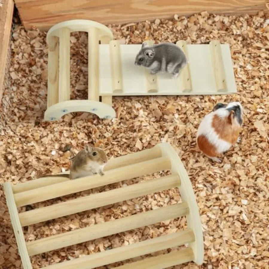 3-in-1 Wooden Climbing Ramp Hamster, Mice & Small Pet Ladder Toy - Veloro