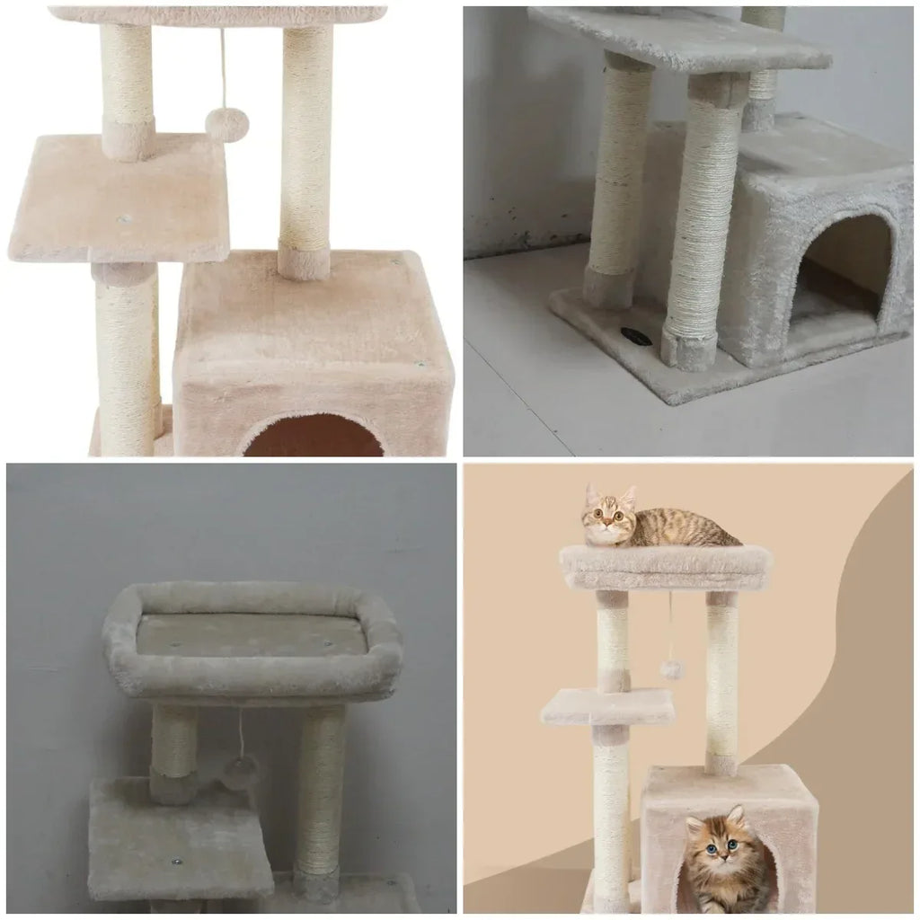 Cute Cat Tree with Scratching Posts, Jump Platform & Play House – Beige - Veloro
