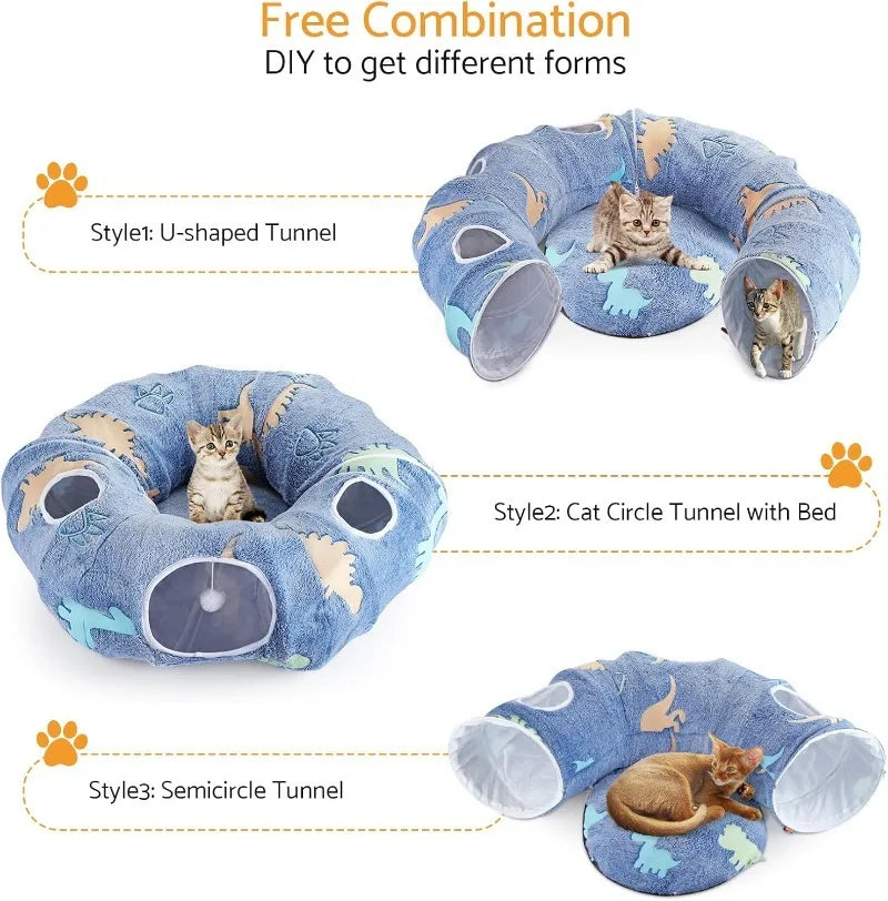 Cat Tunnel Toy Fold-able Play Tunnel with Plush Bed