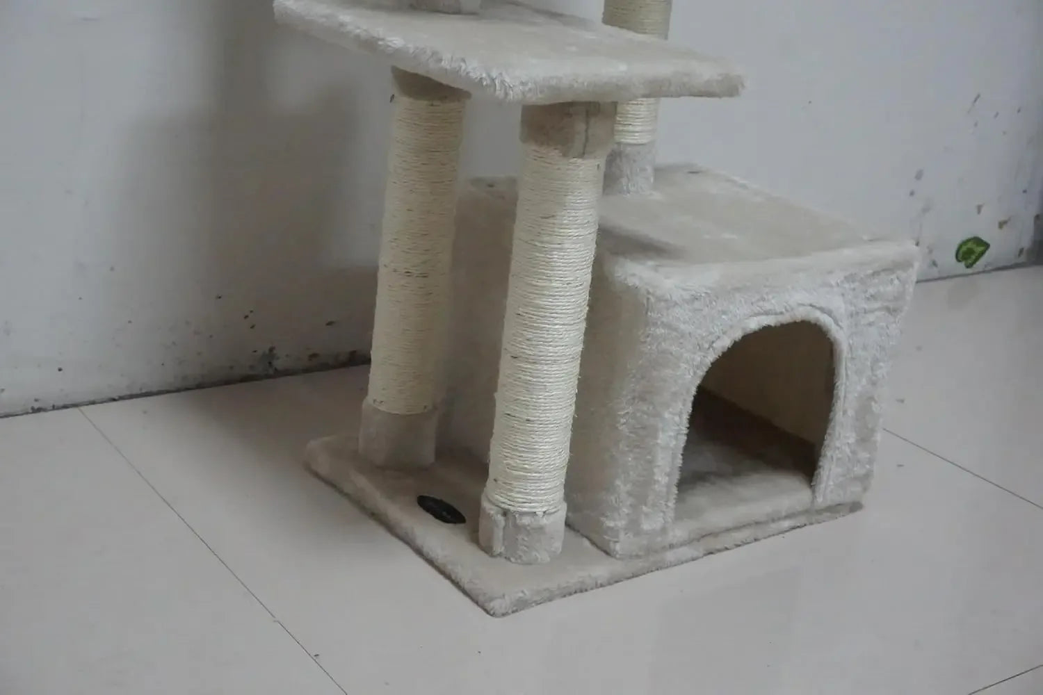 Cute Cat Tree with Scratching Posts, Jump Platform & Play House – Beige - Veloro