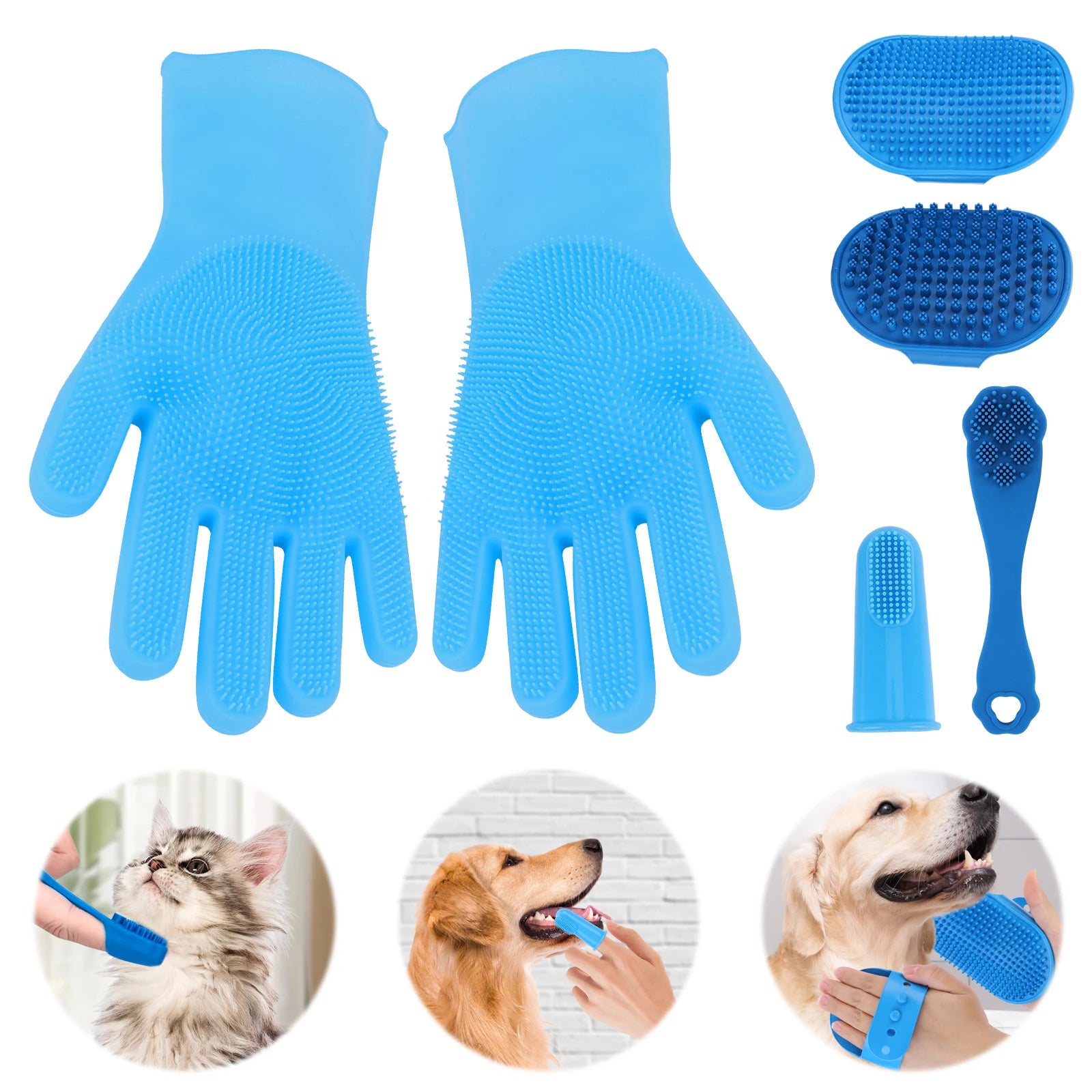 6PCS Pet Grooming Kit – Silicone Bath & Massage Gloves for Dogs & Cats