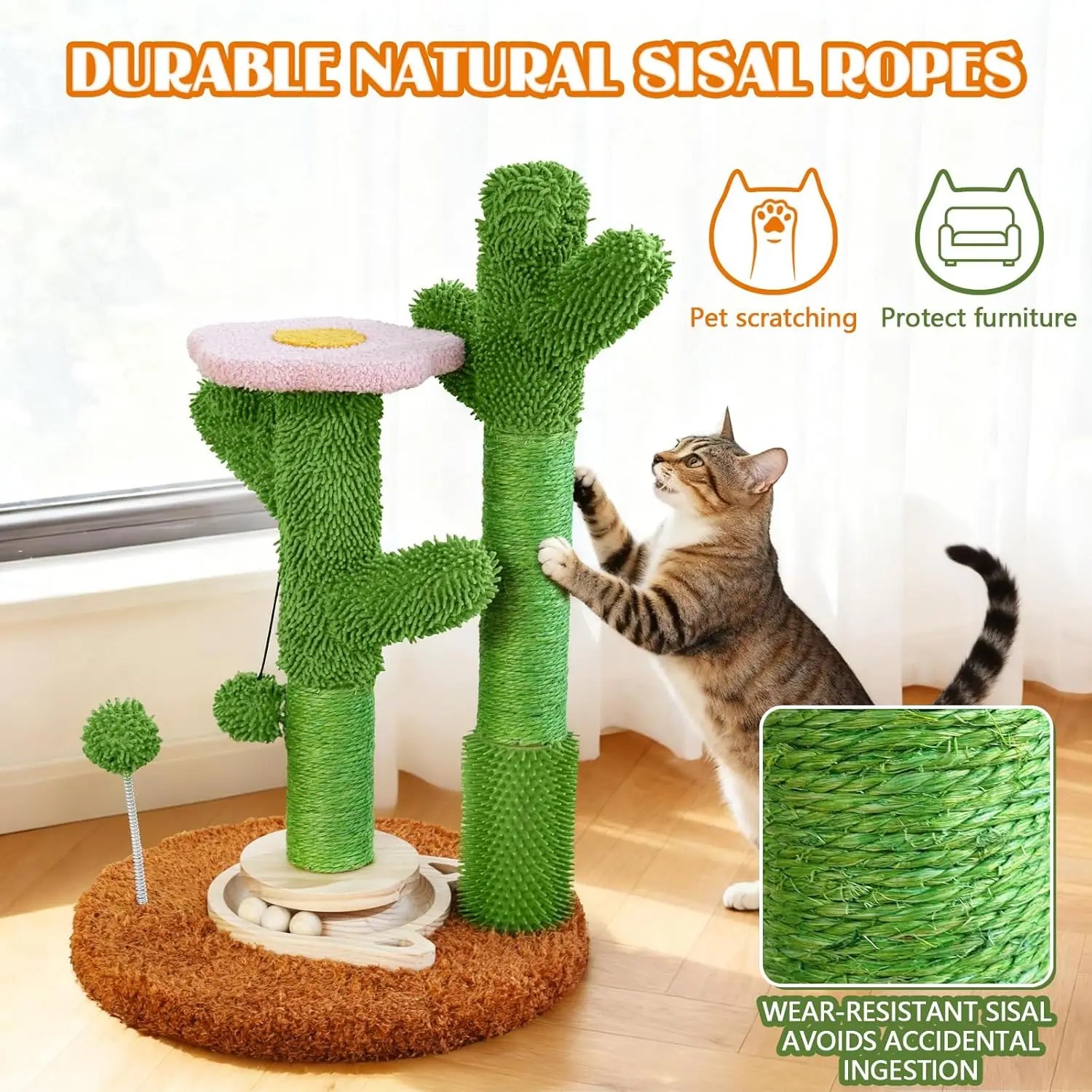 Cactus Cat Scratching Post with Toy & Brush – Indoor Sisal Scratcher