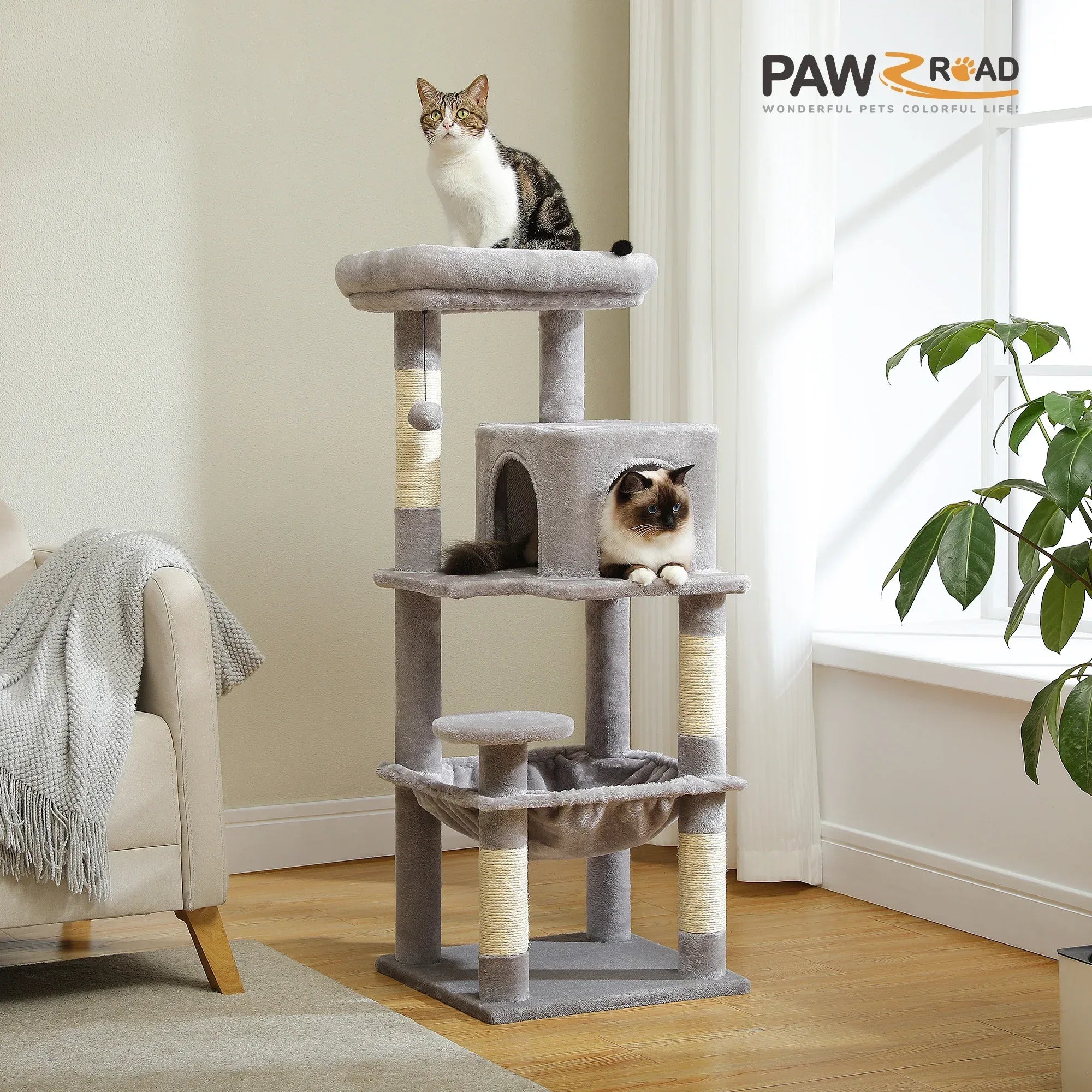5-Level Cat Tree with Hammock & Top Perch – Indoor Tower for Large Cats - Veloro