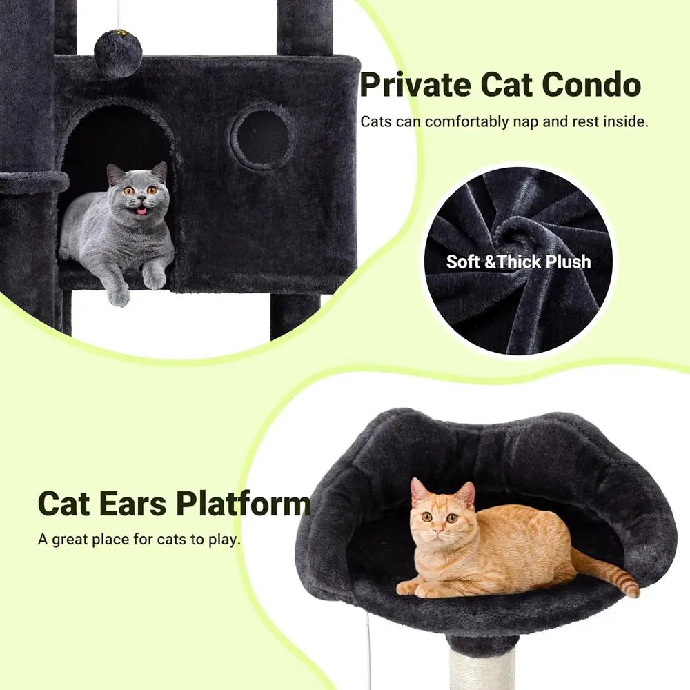 64-Inch Large Cat Tree with Condos, Perches & Scratching Posts – Dark Grey