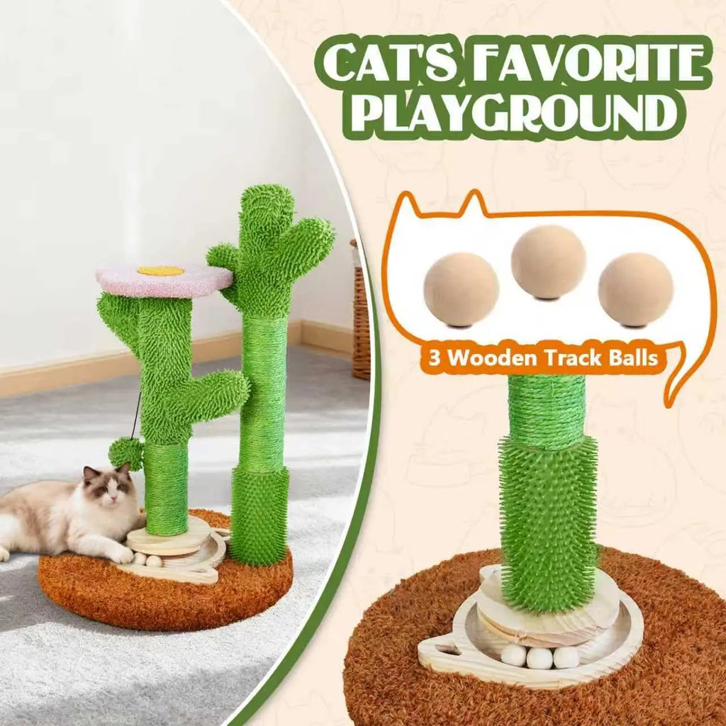 Cactus Cat Scratching Post with Toy & Brush – Indoor Sisal Scratcher