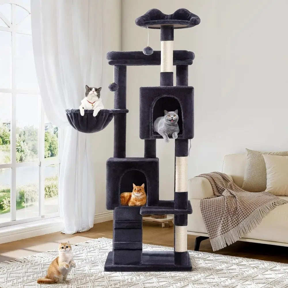 64-Inch Large Cat Tree with Condos, Perches & Scratching Posts – Dark Grey