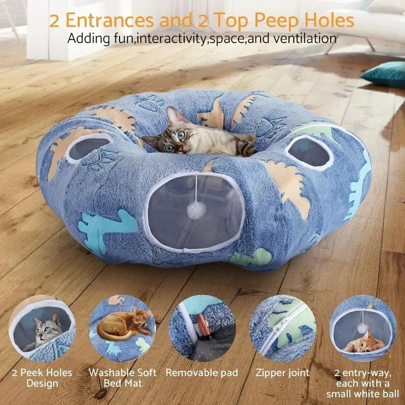 Cat Tunnel Toy Fold-able Play Tunnel with Plush Bed
