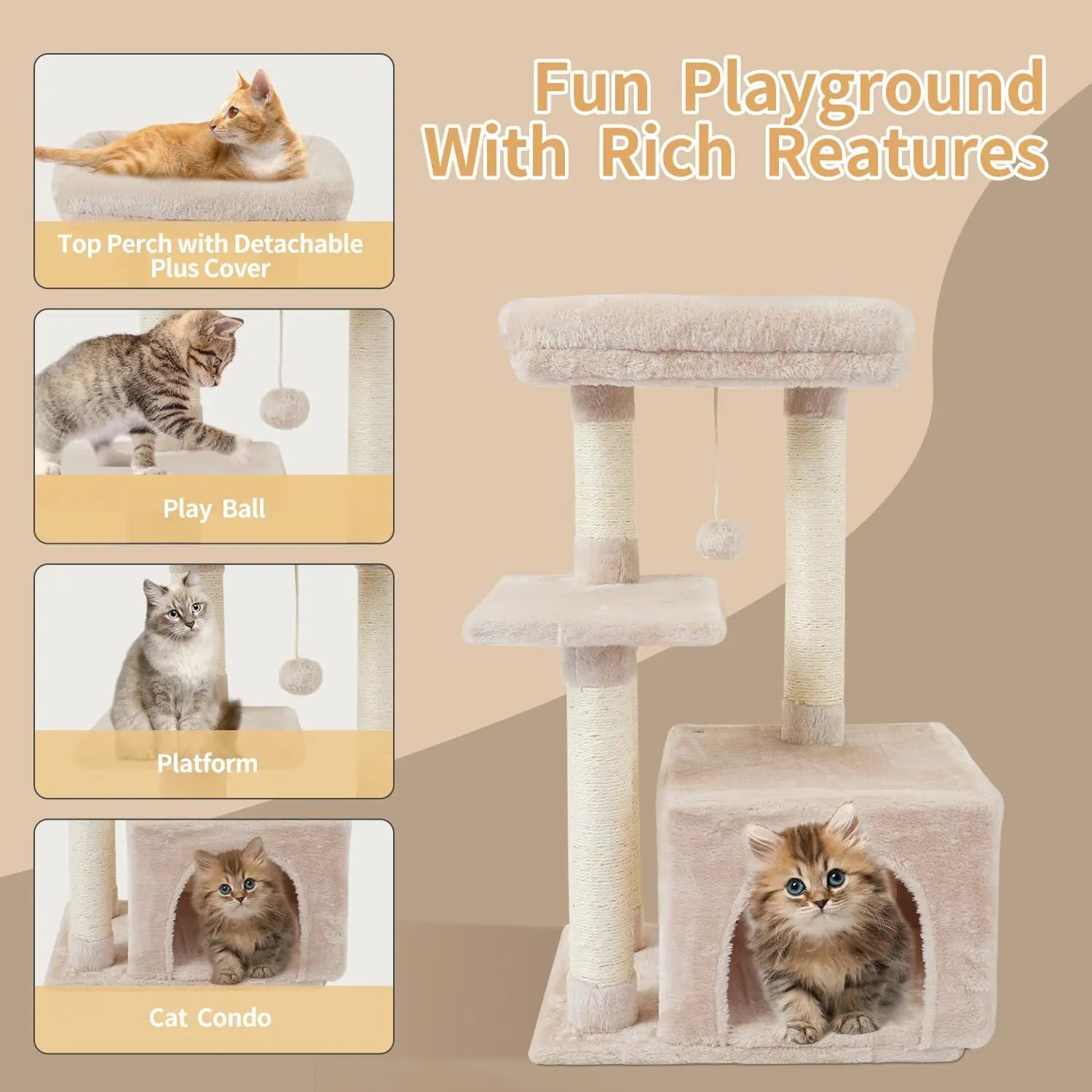Cute Cat Tree with Scratching Posts, Jump Platform & Play House – Beige