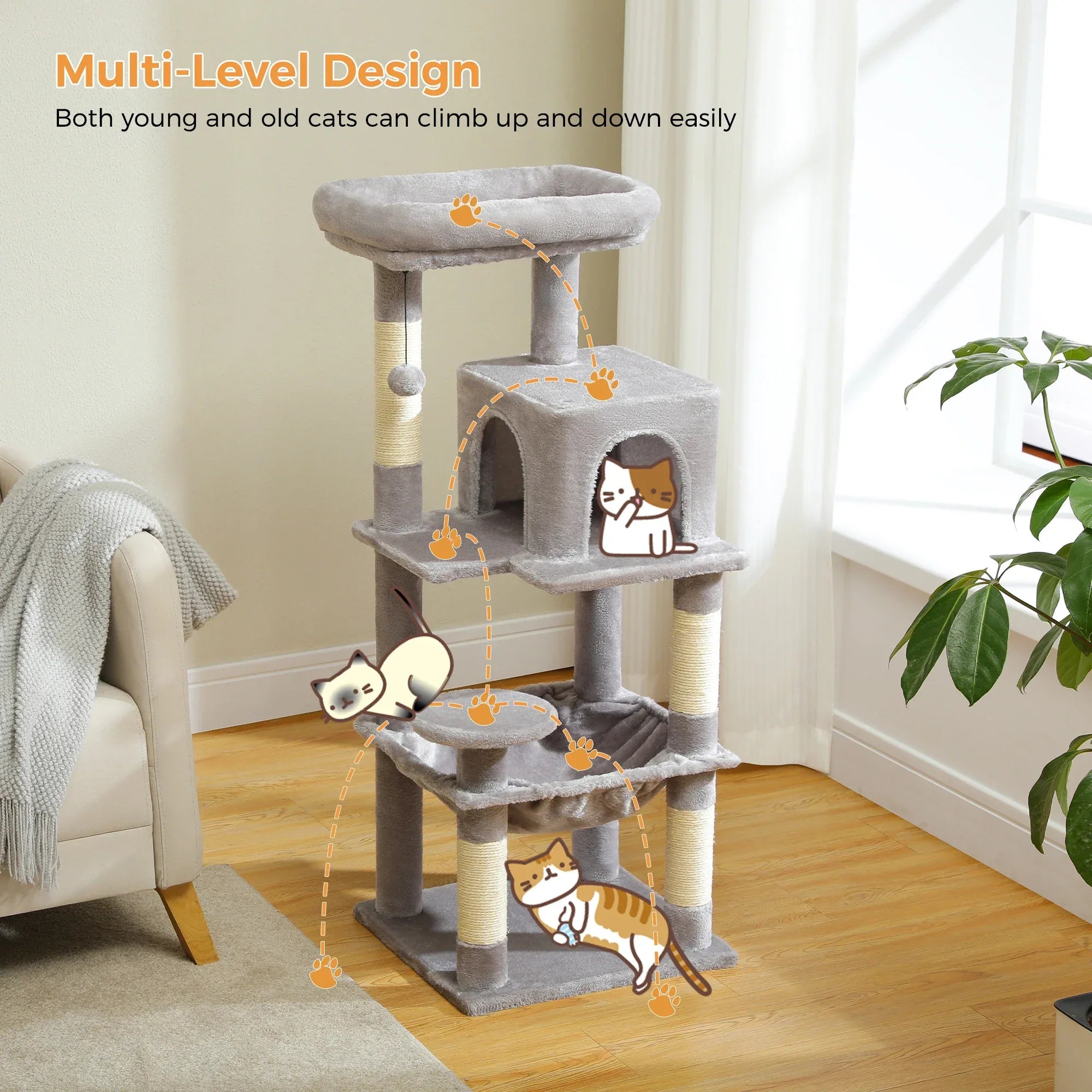 5-Level Cat Tree with Hammock & Top Perch – Indoor Tower for Large Cats - Veloro