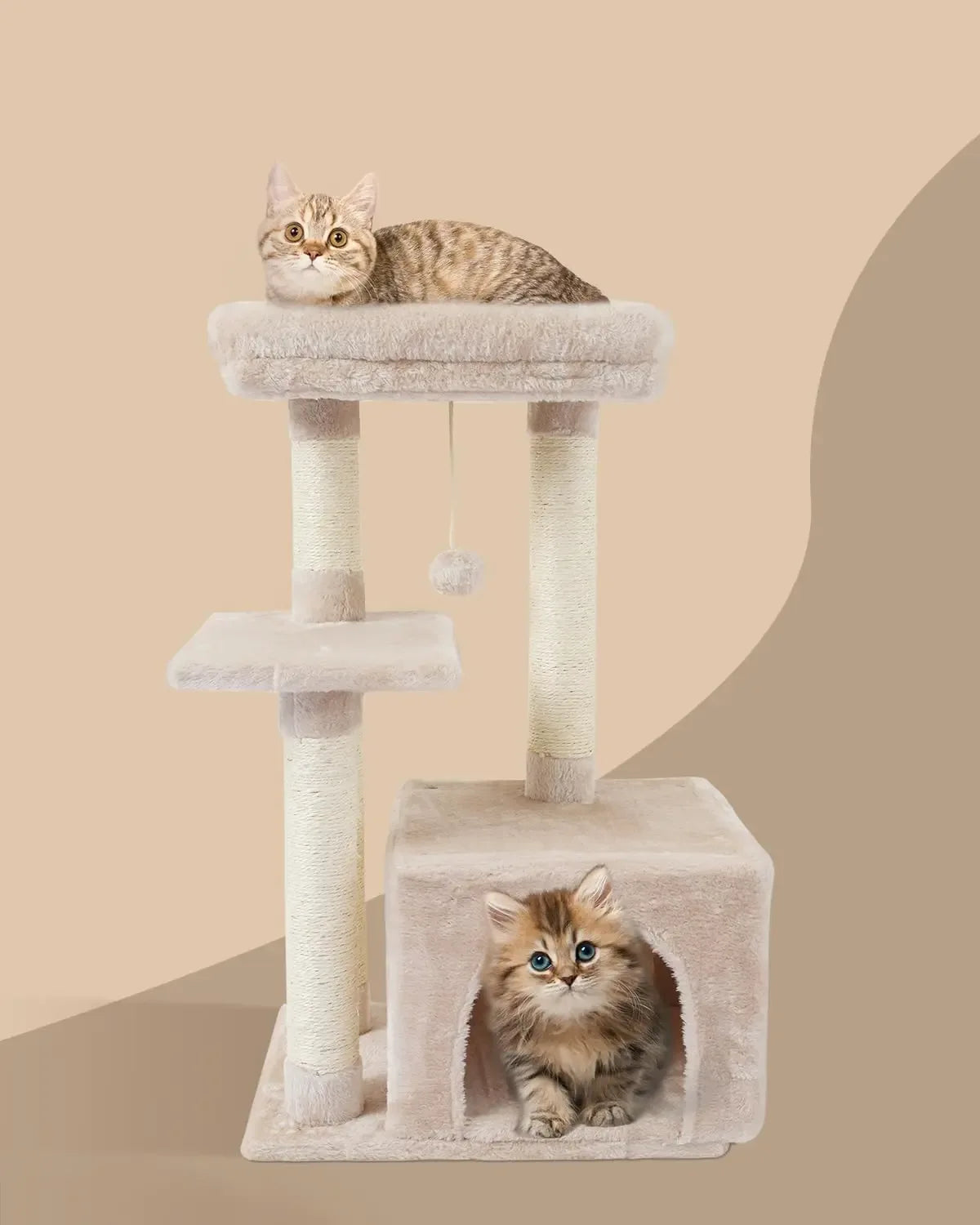 Cute Cat Tree with Scratching Posts, Jump Platform & Play House – Beige - Veloro