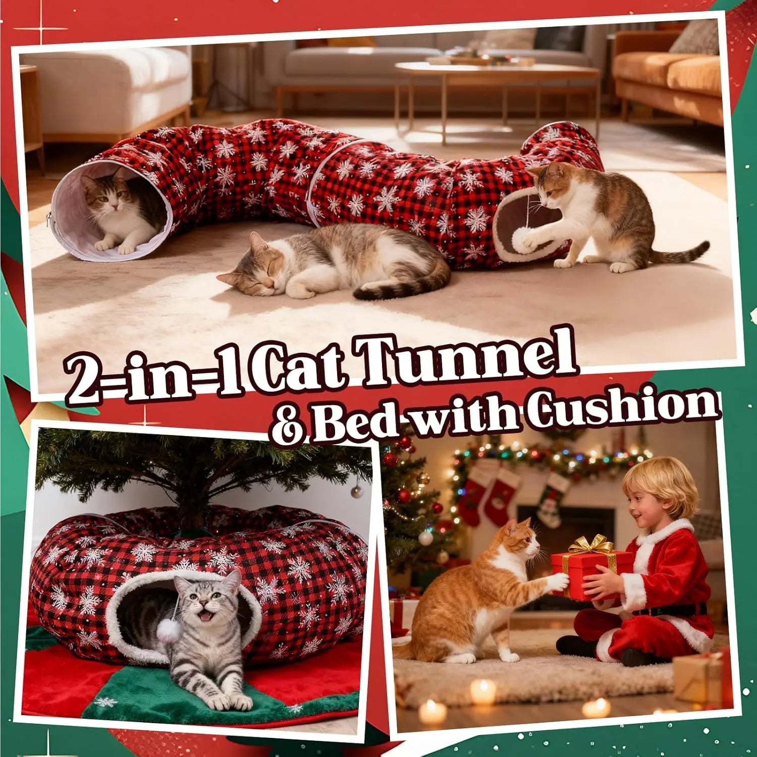 Christmas Cat Tunnel Bed & Tree Skirt – Cozy Holiday Hideaway