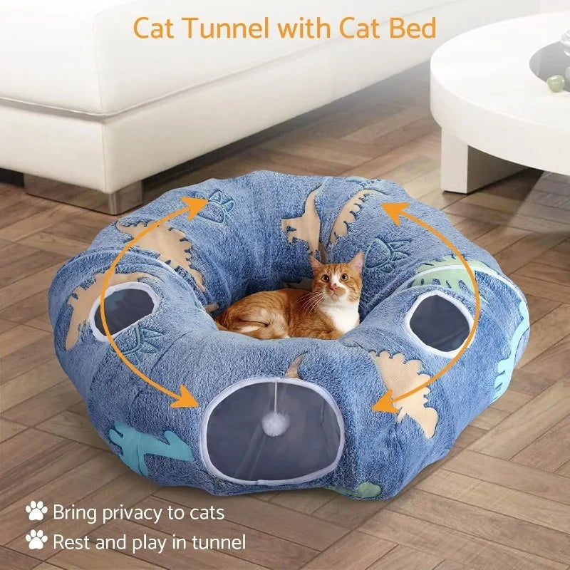 Cat Tunnel Toy Fold-able Play Tunnel with Plush Bed