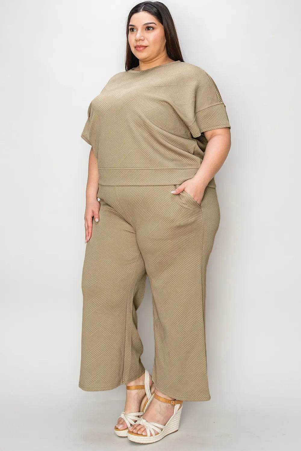 Double Take Full Size Texture Short Sleeve Top and Pants Set - Veloro