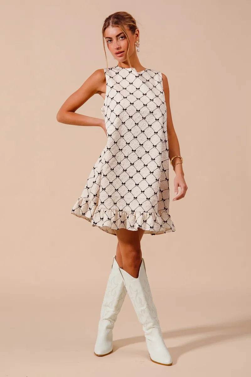 SO ME Texture Bow Printed Mini Ruffle Dress - Veloro