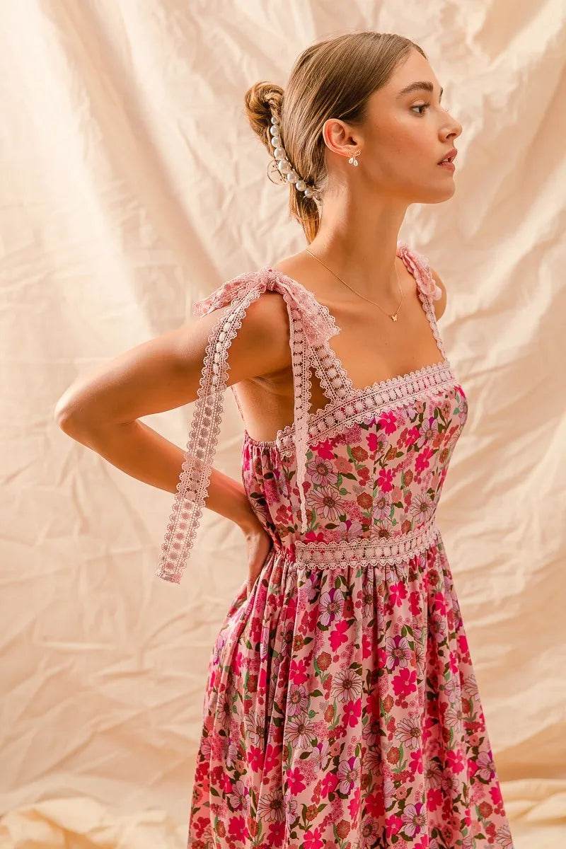 SO ME Floral Maxi Dress With Ribbon Tie Lace Strap - Veloro