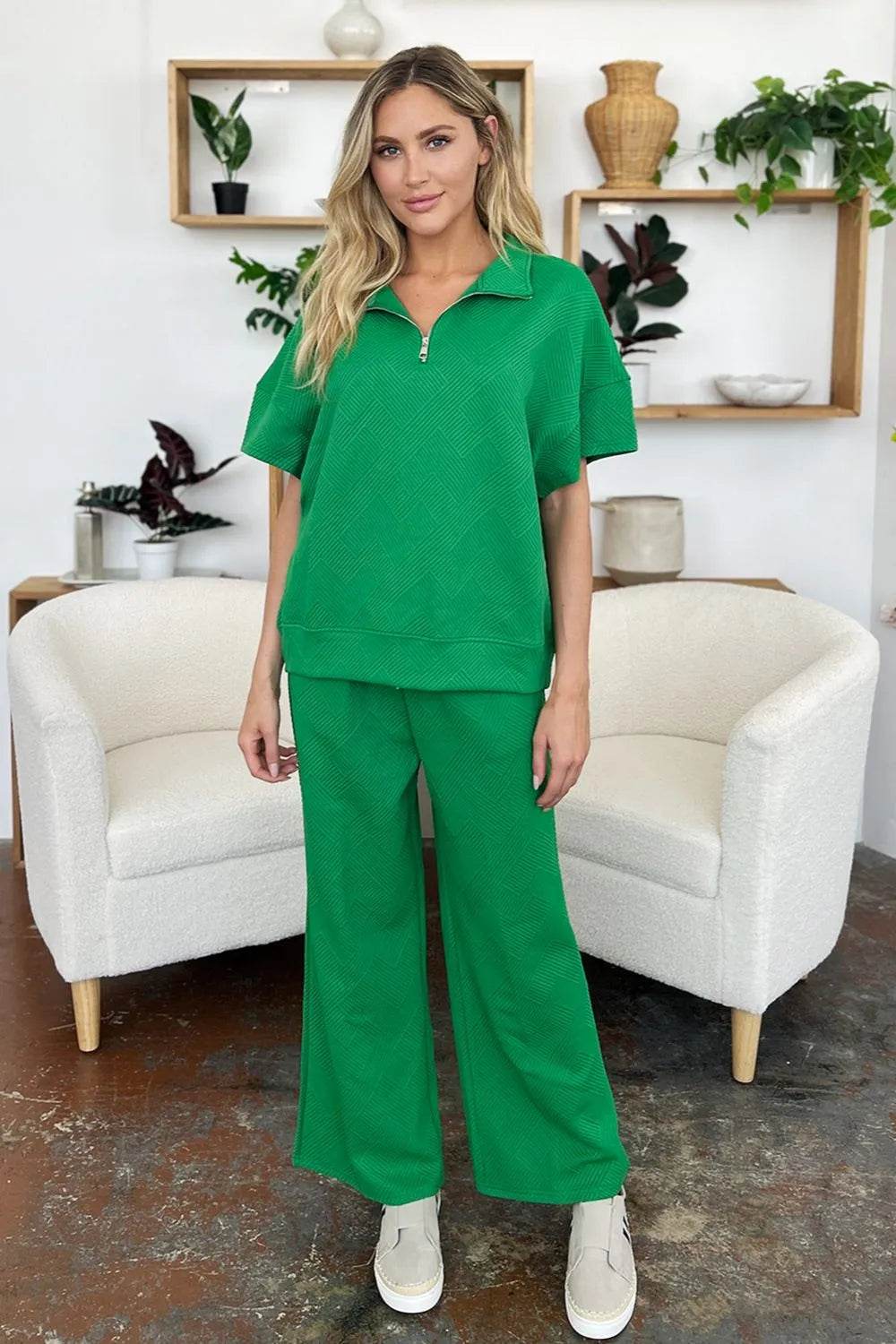 Double Take Full Size Texture Half Zip Short Sleeve Top and Pants Set - Veloro