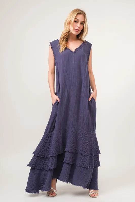 And The Why Washed Cotton Gauze Fringe Detail Tiered Dress - Veloro