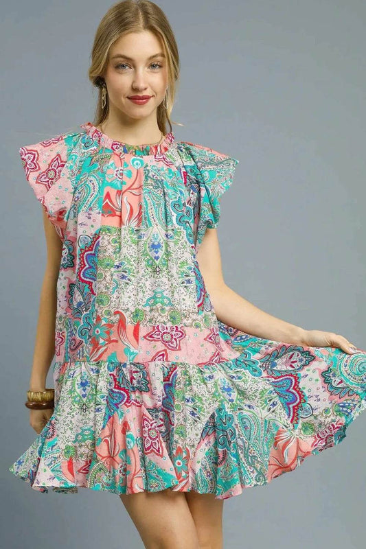 Umgee Printed Ruffle Cap Sleeve Mini Dress - Veloro