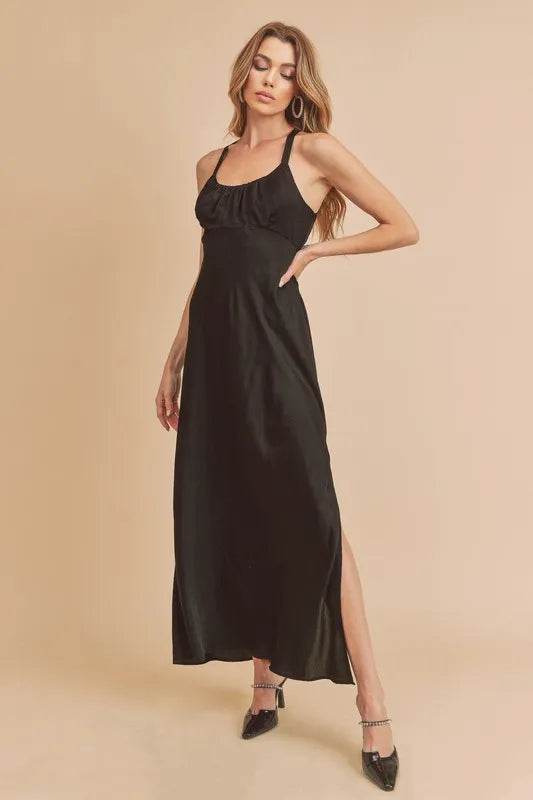 Aemi + Co Ruched Side Slit Cutout Back Maxi Cami Dress - Veloro
