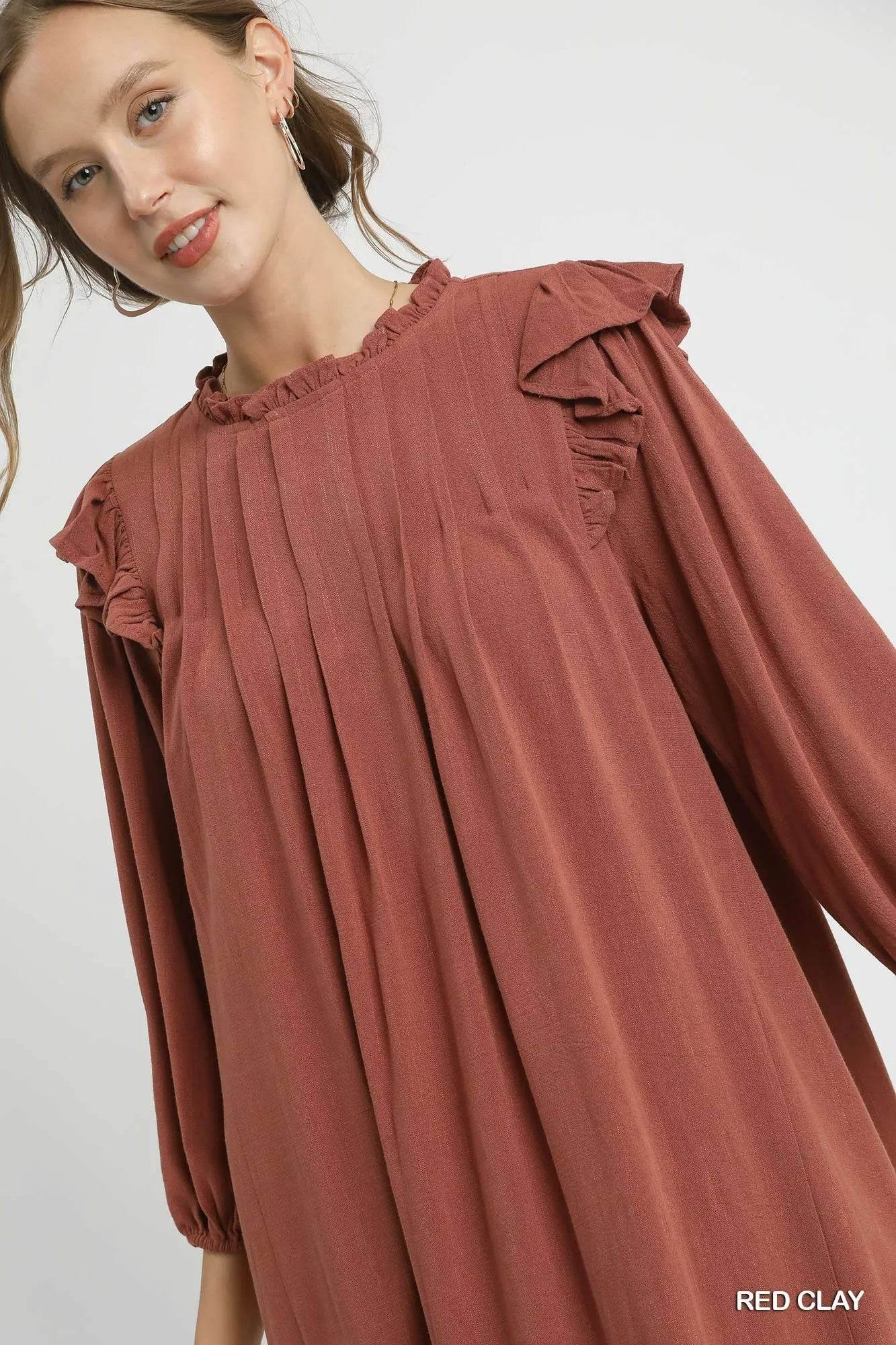 Umgee Linen Ruffle Shoulder Pleated Babydoll Dress - Veloro