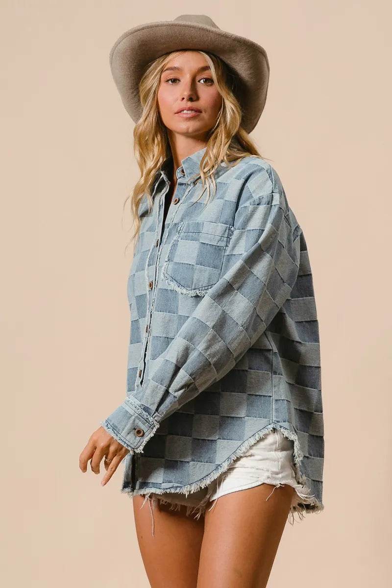 BiBi Frayed Edged Detail Washed Checker Denim Shirt - Veloro
