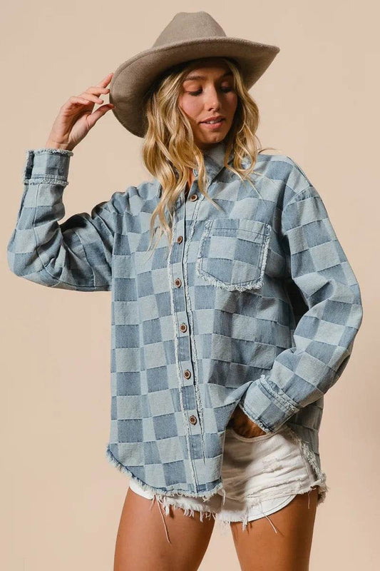 BiBi Frayed Edged Detail Washed Checker Denim Shirt - Veloro