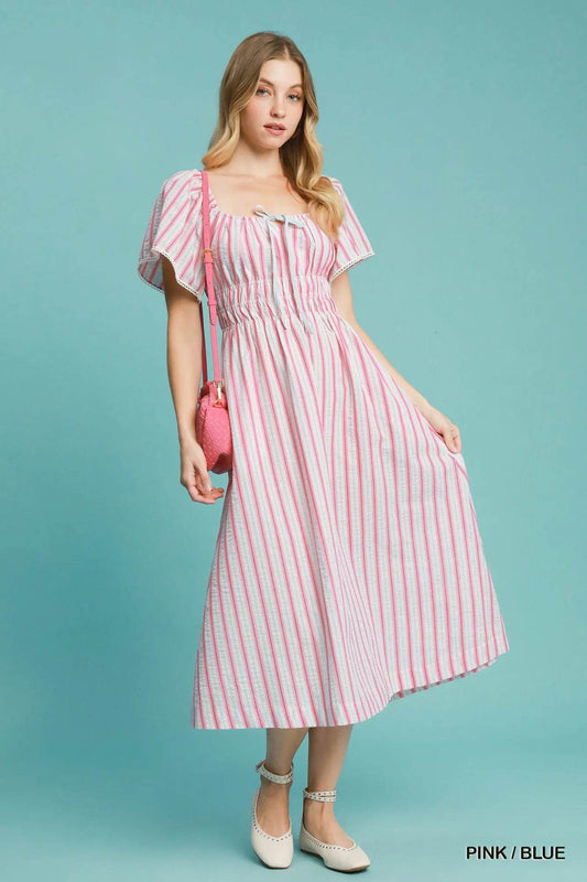 Umgee Smocked Striped Short Sleeve Midi Dress - Veloro