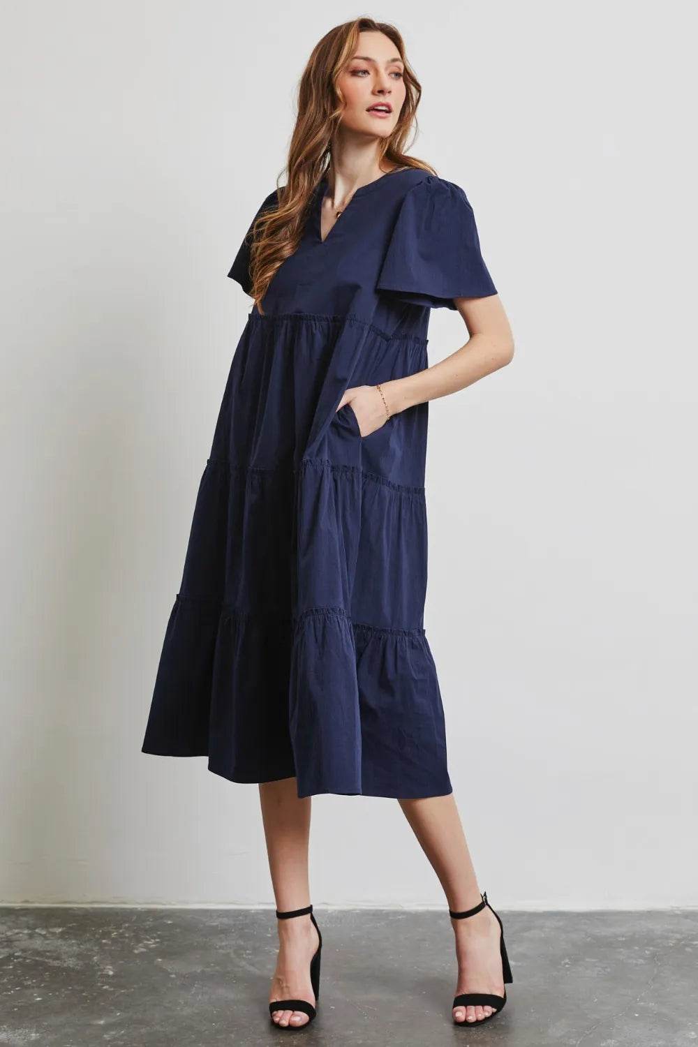 HEYSON Full Size Cotton Poplin Ruffled Tiered Midi Dress - Veloro