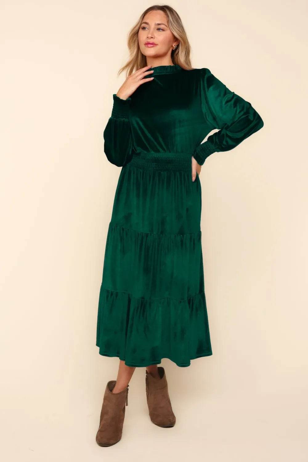 Haptics Mock Neck Smocked Waist Velvet Tiered Dress - Veloro