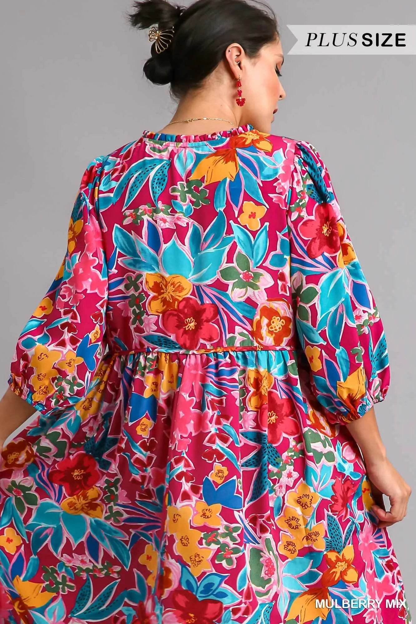 Umgee Full Size Floral Print Tie Neck Midi Dress with Pockets Plus Size - Veloro