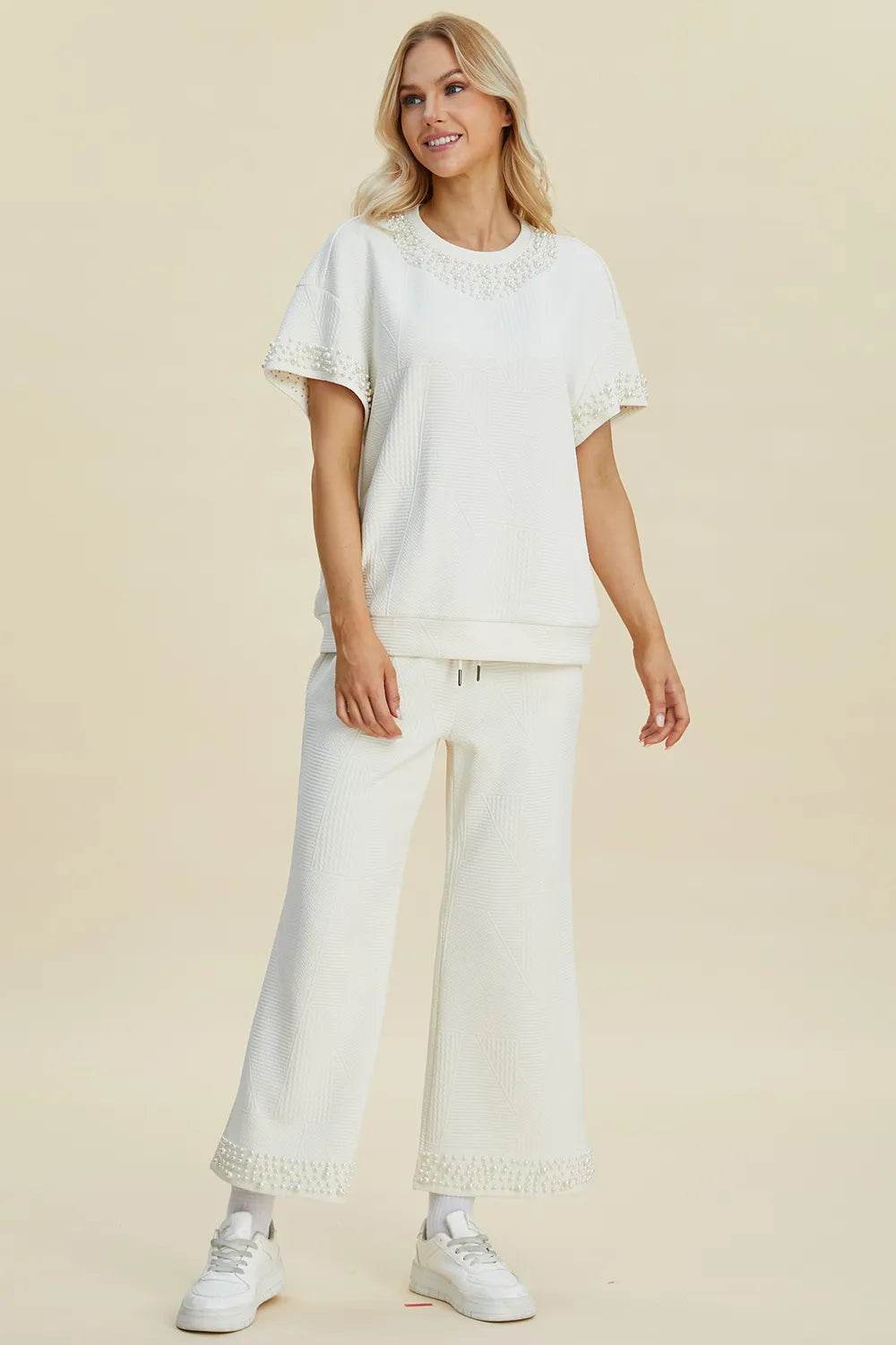 Double Take Full Size Pearl Detail Round Neck Top and Pants Set - Veloro