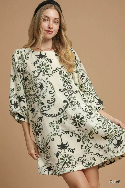 Umgee Boho Printed Balloon Sleeve Mini Dress - Veloro